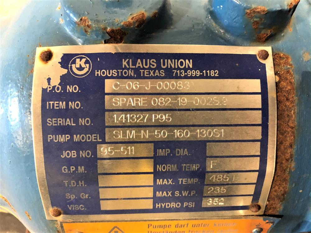 Klaus Union 3" x 2" Stainless Steel Centrifugal Pump, SLM-N-50-160-130S1